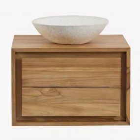 Conjunto De Móvel De Casa De Banho Suspenso Em Madeira De Teca Jabari Madeira De Teca & Cimento Redondo Branco Ø40 Cm Zavion & Sem Espelho - Sklum