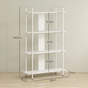Estante de 4 Níveis Estante para Livros com Painel Perfurado e Estrutura Metálica 100x35x160,5 cm Branco