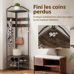 Móvel de entrada de canto 47 L x 47 P x 180 A cm, com 4 níveis, espaço para guardar sapatos, 8 ganchos amovíveis, 2 prateleiras, castanho rústico