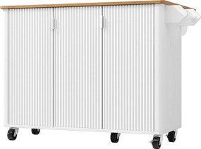 Ilha de cozinha móvel com tampo rebatível, 3 portas, toalheiro e prateleira para especiarias, 130x45/75x92 cm, Branco