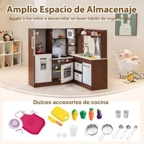 Cozinha de brincar de canto em madeira para crianças com luzes e sons, sistema de circulação de água, cortinas enroláveis e acessórios Castanho