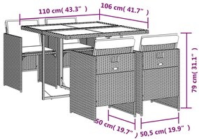 5 pcs conjunto de jantar p/ jardim c/ almofadões vime PE cinza