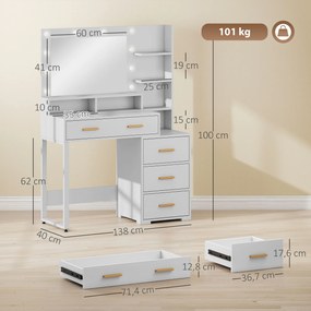Toucador com espelho e 9 luzes LED, 4 gavetas e 6 compartimentos abertos, 100 x 40 x 138 cm, branco