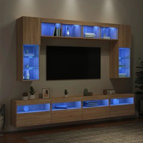 8 pcs conj. móveis de parede p/ TV c/ luzes LED carvalho sonoma