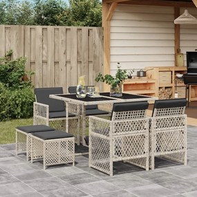 vidaXL 9 pcs conjunto de jantar p/ jardim c/ almofadões cinzento claro