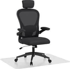 HOMCOM Conjunto de Cadeira de Escritório com Altura Ajustável Apoio de Cabeça e Suporte Lombar Ajustáveis Preto e 1 Tapete Protetor 90x120 cm Transparente | Aosom Portugal