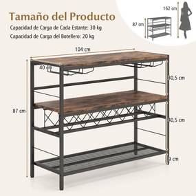 Garrafeira de vinhos de 4 níveis 104 cm Mesa de bar de vinhos com arrumação e 4 filas para copos Estante de vinhos para cozinha Castanho