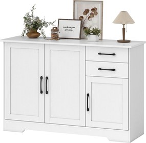 Aparador, móvel de arrumação com 3 portas 120 x 38 x 79 cm, 2 gavetas e prateleira ajustável, branco