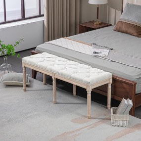 Banco de cama estofado, estilo vintage francês 117 C x 40 P x 48 A cm, com revestimento em tecido com aspeto de linho e pés em madeira maciça de cor c
