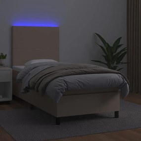 Cama box spring c/colchão/LED 100x200cm couro artif. cappuccino