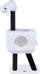 Arranhador para gatos 35,5 x 47 x 110 cm em rattan PE com postes de sisal, almofada felpuda, bola suspensa, 2 entradas, casinha em forma de cordeiro,