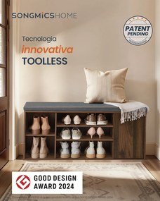 Banco para sapatos 30,5 x 104 x 48 cm com espaço de arrumação e compartimentos abertos ajustáveis castanho-noz natural - cinzento ardósia