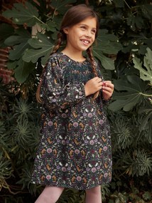 Vestido com favos e motivos da floresta encantada, para menina verde estampado