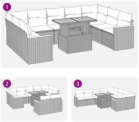 10 pcs conjunto sofás de jardim c/ almofadões vime PE cinzento