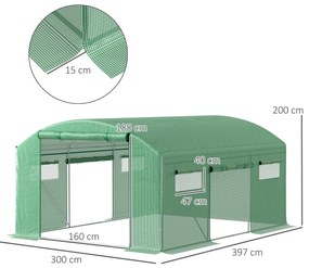 Estufa tipo Túnel 397x300x200 cm Estufa de Exterior com 4 Janelas de Malha Cobertura de PE Anti UV e 3 Portas Enroláveis Verde