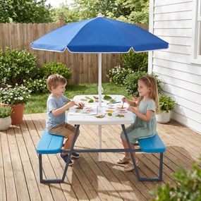Mesa de Piquenique Infantil com 2 Bancos Integrados, 102 x 100 x 150 cm, Guarda-sol Removível e Ajustável, Azul