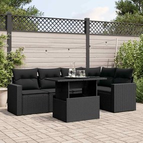 6 pcs conjunto sofás de jardim c/ almofadões vime PE preto