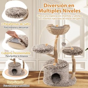 Arranhador para gatos 60 x 105 cm com tronco de pereira sólido com plataforma de galhos com postes para arranhar em sisal natural