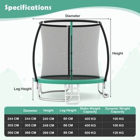 Trampolim exterior Ø305 cm com escada redondo com rede de segurança, cobertura de borda e estrutura metálica Verde
