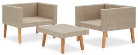 3 pcs conjunto lounge de jardim c/ almofadões vime PE bege