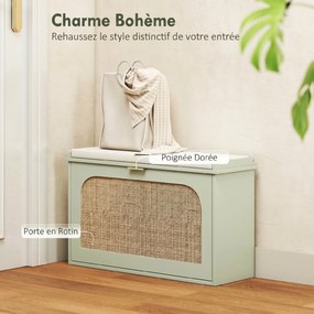 Sapateira 80 x 26 x 47,5 cm, banco com arrumação, assento almofadado, gaveta rebatível, porta em rattan, verde