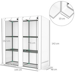 Estufa de Exterior Pequena com 3 Prateleiras 2 Portas de Enrolar Capa de PE e Estrutura de Aço 144x48x152 cm Branco