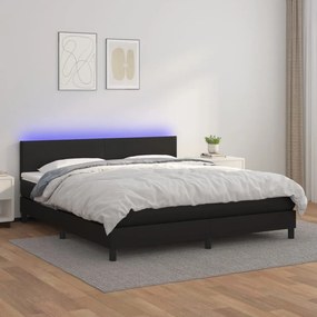 Cama box spring c/ colchão/LED 180x200cm couro artificial preto