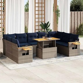 10 pcs conjunto sofás jardim almofadões vime PE/acácia cinzento