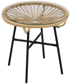 Outsunny Mesa Auxiliar de Vime Sintético para Exteriores com Bancada de Vidro Temperado e Pés de Metal Ø50x50 cm Bege e Preto