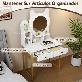 Toucador com espelho e luzes 80 x 50 x 150 cm em forma de gatinho com 3 modos de iluminação e brilho ajustável e 2 gavetas Branca