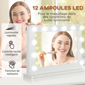Espelho de maquilhagem Hollywood iluminado com 12 LEDs táteis - luminosidade ajustável, função de memória - metal, MDF branco e vidro