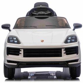 Carro elétrico para crianças Porsche Cayenne 12V com tração traseira – Licença oficial, bateria de lítio, comando remoto 2,4 GHz, leitor MP3, luzes LE