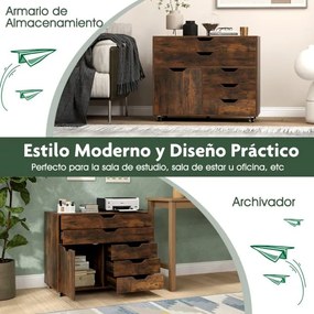Armário de armazenamento para escritório 77,5 x 40 x 64 cm com 5 gavetas com porta 5 rodas com rodas suporte para impressora Castanho