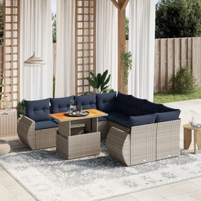 vidaXL 9 pcs conjunto sofás p/ jardim c/ almofadões vime PE cinzento