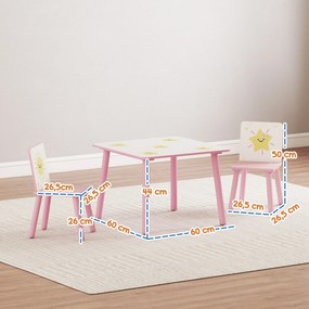 Mesa e Cadeiras para Crianças de 3 Peças Mesa Infantil com 2 Cadeiras em Madeira com Desenhos de Estrelas e Sol Rosa