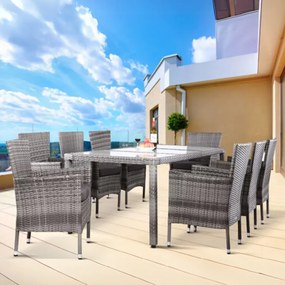 Conjunto de jardim em Polyrattan, 9 peças, empilhável cinzento