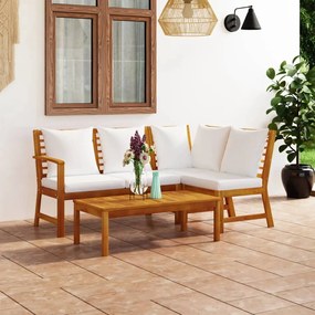 vidaXL 4 pcs conjunto lounge jardim c/ almofadões acácia maciça creme