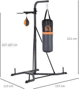 Saco de Boxe Suspenso com Suporte Bola de Velocidade Ajustável em Altura de 167-187cm e Inflador para Treinamento Fitness em Casa Ginásio 115×157×221