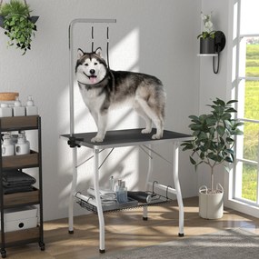 Mesa de tosquia para cães 90 x 60 x 76 cm, dobrável, com tabuleiro antiderrapante em borracha e 2 correias, preta