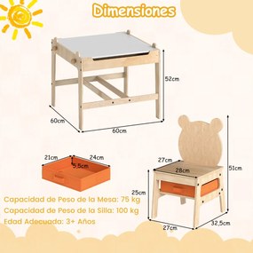 Conjunto de mesa e 2 cadeiras infantil 4 em 1 com quadro branco reversível e giz 2 gavetas de armazenamento Móvel de madeira Panda