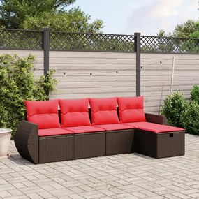 vidaXL 5 pcs conjunto sofás p/ jardim c/ almofadões vime PE castanho