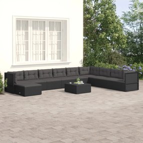 vidaXL 10 pcs conjunto lounge de jardim c/ almofadões vime PE preto