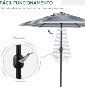 Chapéu de Sol Exterior Ø230 cm com Ângulo Ajustável e Manivela Impermeável Azul e Branco
