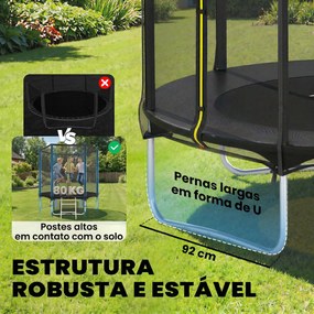 Trampolim para Crianças Exterior Ø183 cm com Rede de Segurança Escada de 2 Degraus Cobertura de Molas Saco de Armazenamento Preto