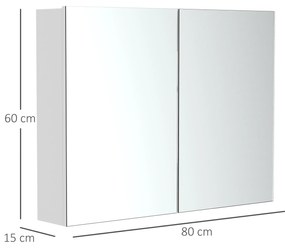 Armário de banheiro com espelho de parede Gabinete 2 portas com 3 prateleiras internas Estilo moderno para quarto Sala 80x15x60 cm Branco