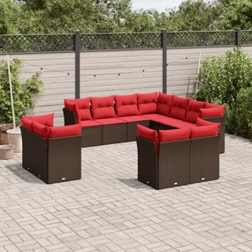 vidaXL 11 pcs conjunto sofás de jardim c/ almofadões vime PE castanho