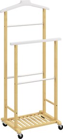 HOMCOM Cabide de Pé de Bambu com Rodas Cabide para Roupas com Barras para Calças e Prateleira Inferior para Sapatos Estilo Nórdico 47x33,7x105,5 cm Madeira e Branco | Aosom Portugal
