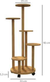Suporte para Plantas em Bambu com Rodas de 5 Níveis Estante Redonda para Plantas para Cantos 33x33x90 cm Madeira