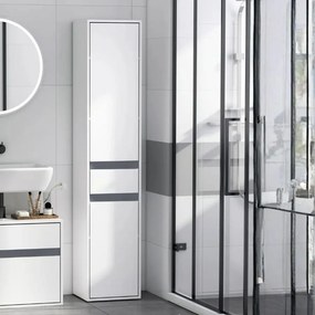 Móvel de coluna para arrumação na casa de banho, estilo contemporâneo, com 2 armários, 3 prateleiras e uma gaveta deslizante, em painéis de aglomerado