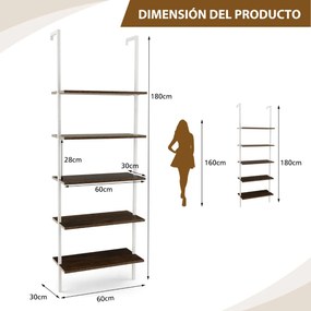 Estante Prateleira escada montada na parede de 5 prateleiras 60 x 30 x 180 cm branco e castanho